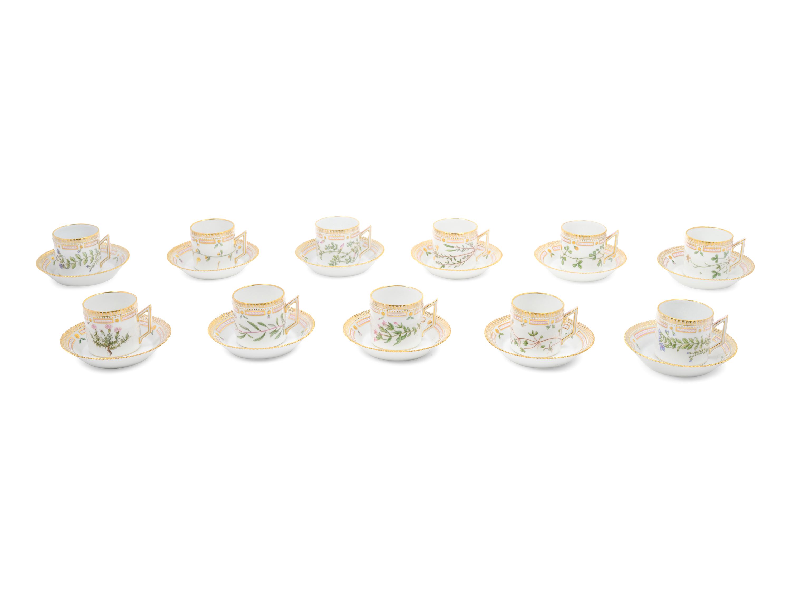 Eleven Royal Copenhagen Flora Danica Teacups and Saucers