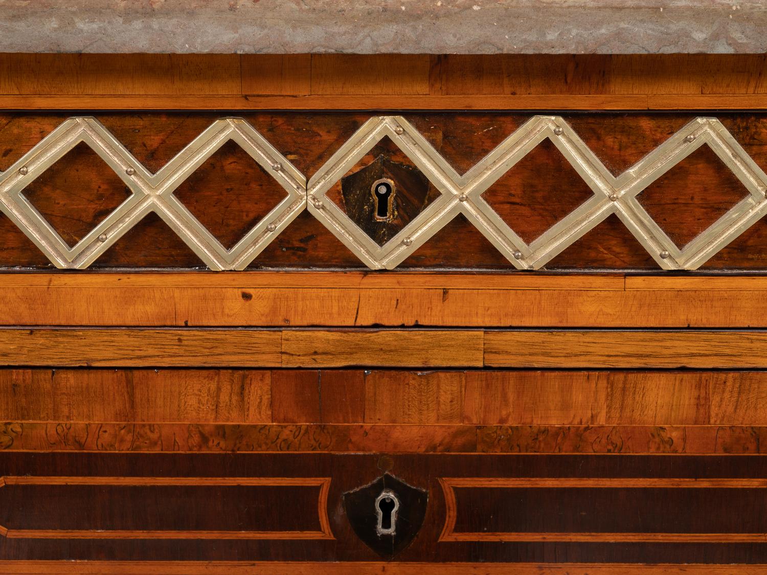 A Swedish Gilt Bronze Mounted Marquetry Marble-Top Commode