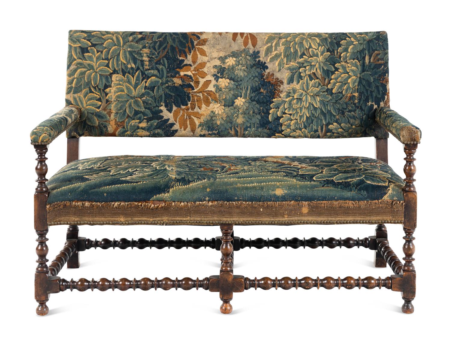 A William and Mary Style Turned Walnut Aubusson Tapestry-Upholstered Bench