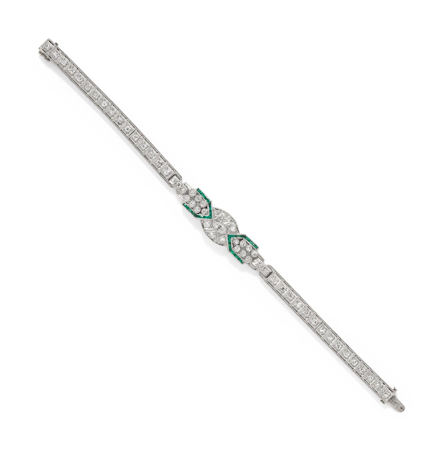 PLATINUM, DIAMOND AND EMERALD BRACELET