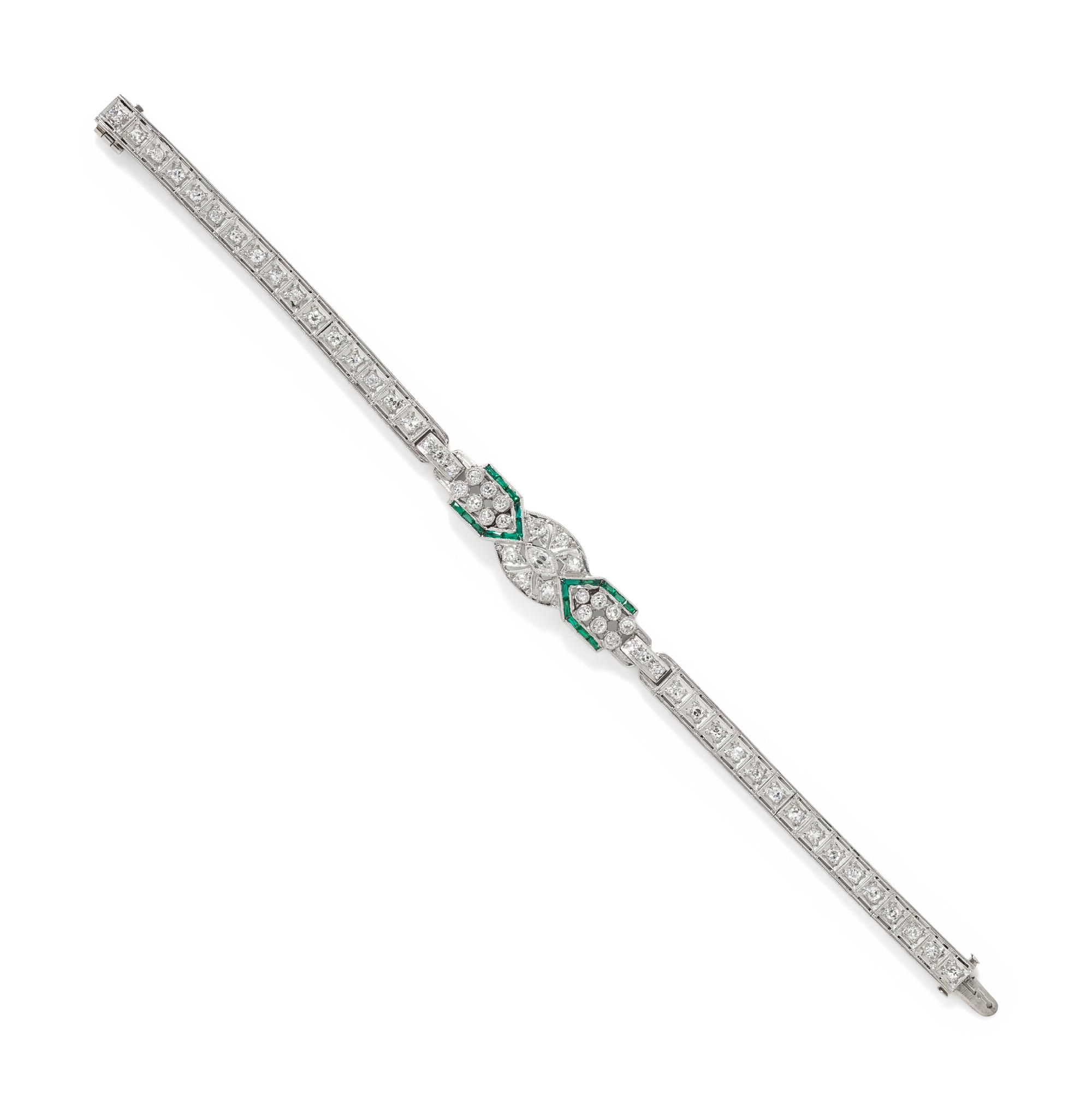 PLATINUM, DIAMOND AND EMERALD BRACELET