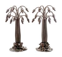 A Pair of Art Nouveau Style Patinated Metal and Iridescent Glass Eighteen-Light Tulip Lamps