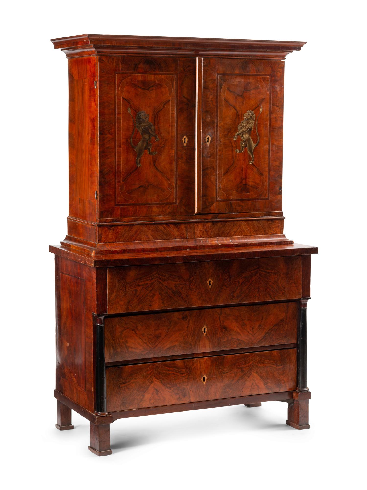An Italian Parcel Ebonized Burl Walnut Cabinet-on-Chest