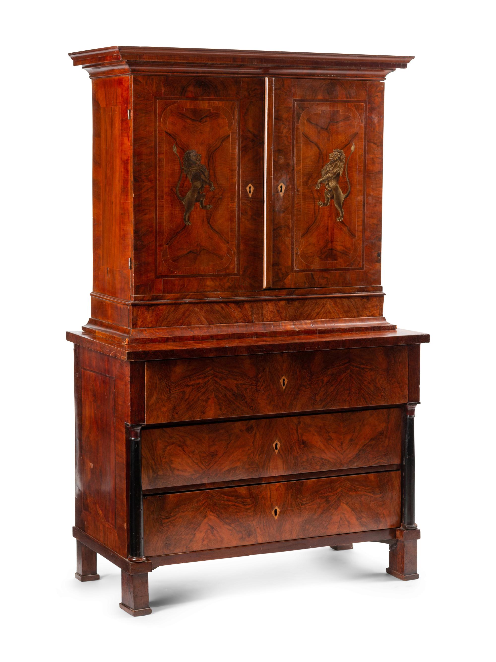 An Italian Parcel Ebonized Burl Walnut Cabinet-on-Chest