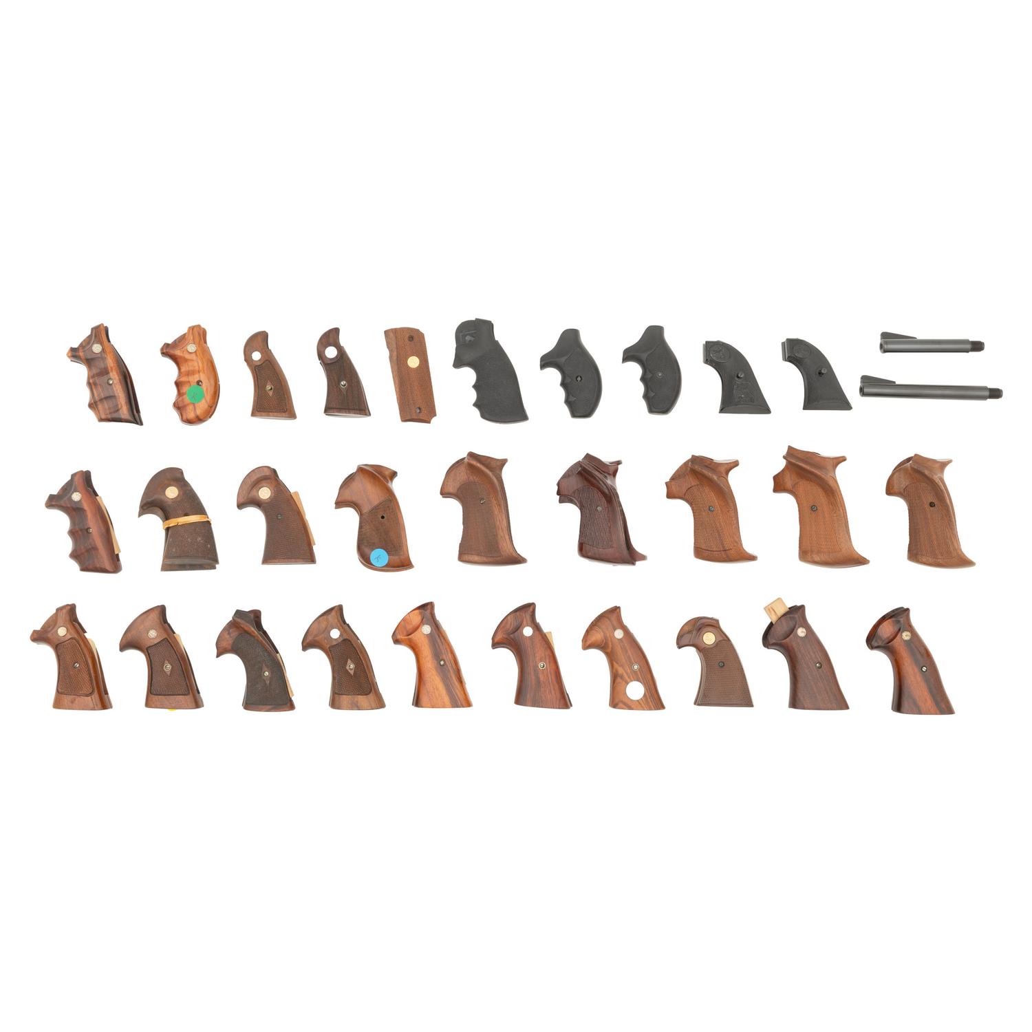 Lot of Grips, Empty Handgun Boxes and 2 Colt New Frontier .22 Barrels