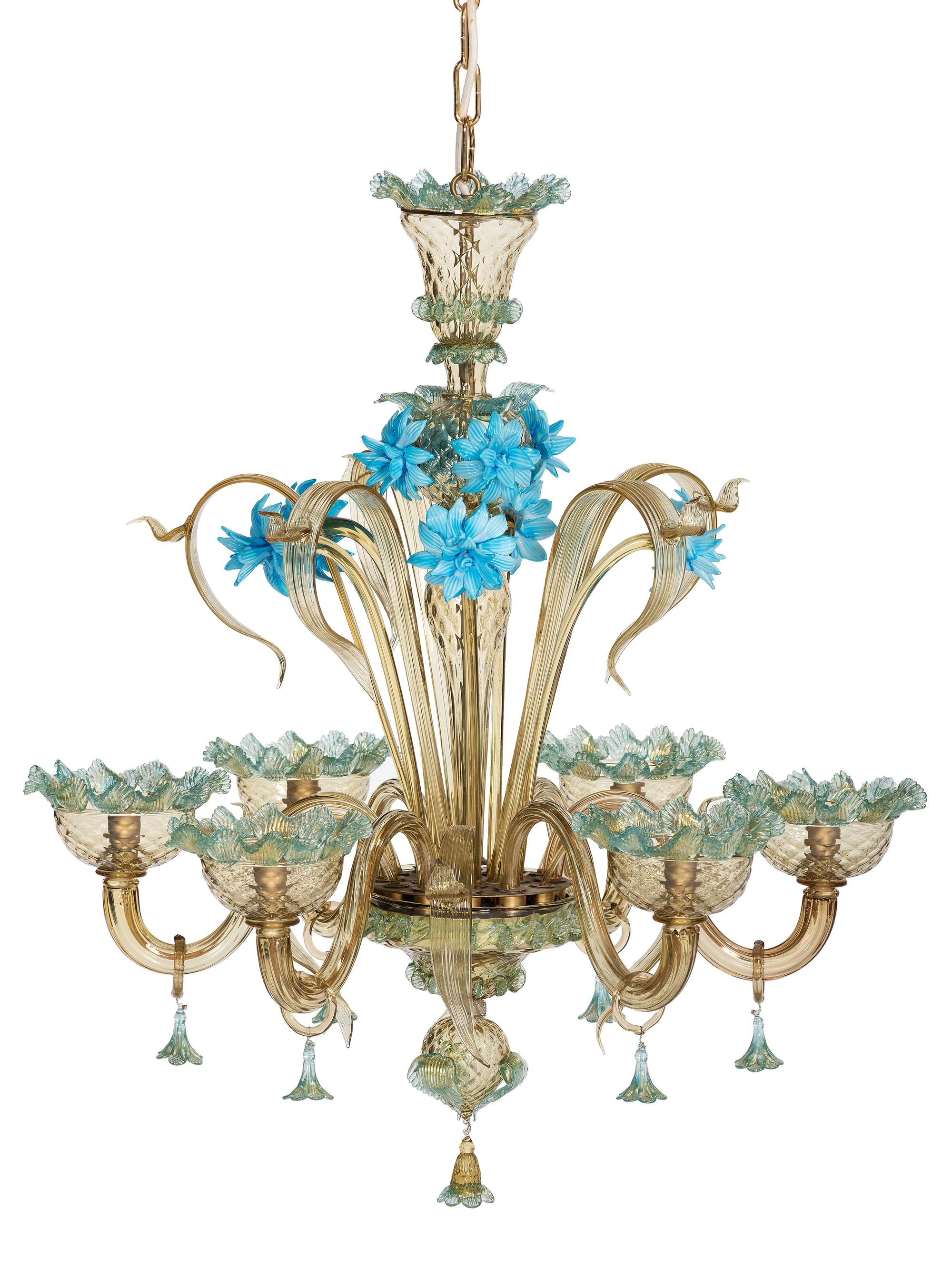 Three Murano Style Six-Light Glass Chandeliers