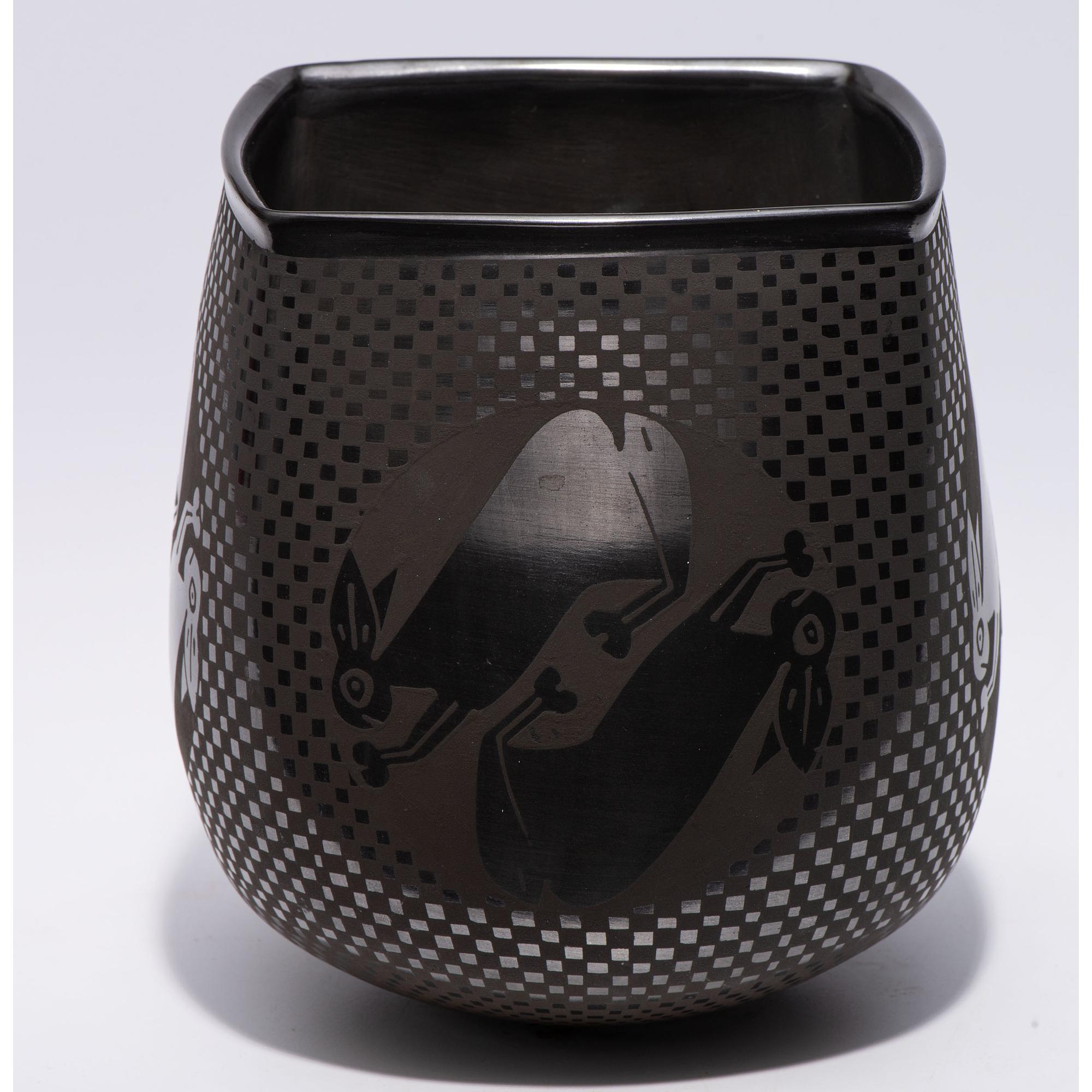 Blackware Pottery Vase, with Rabbits