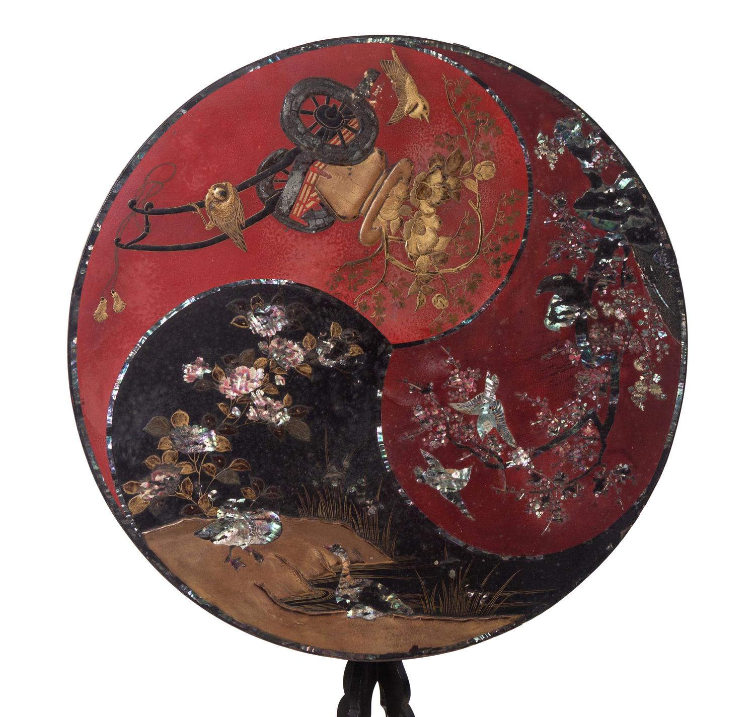A Chinoiserie Decorated Lacquer and Mother-of-Pearl Tilt-Top Table