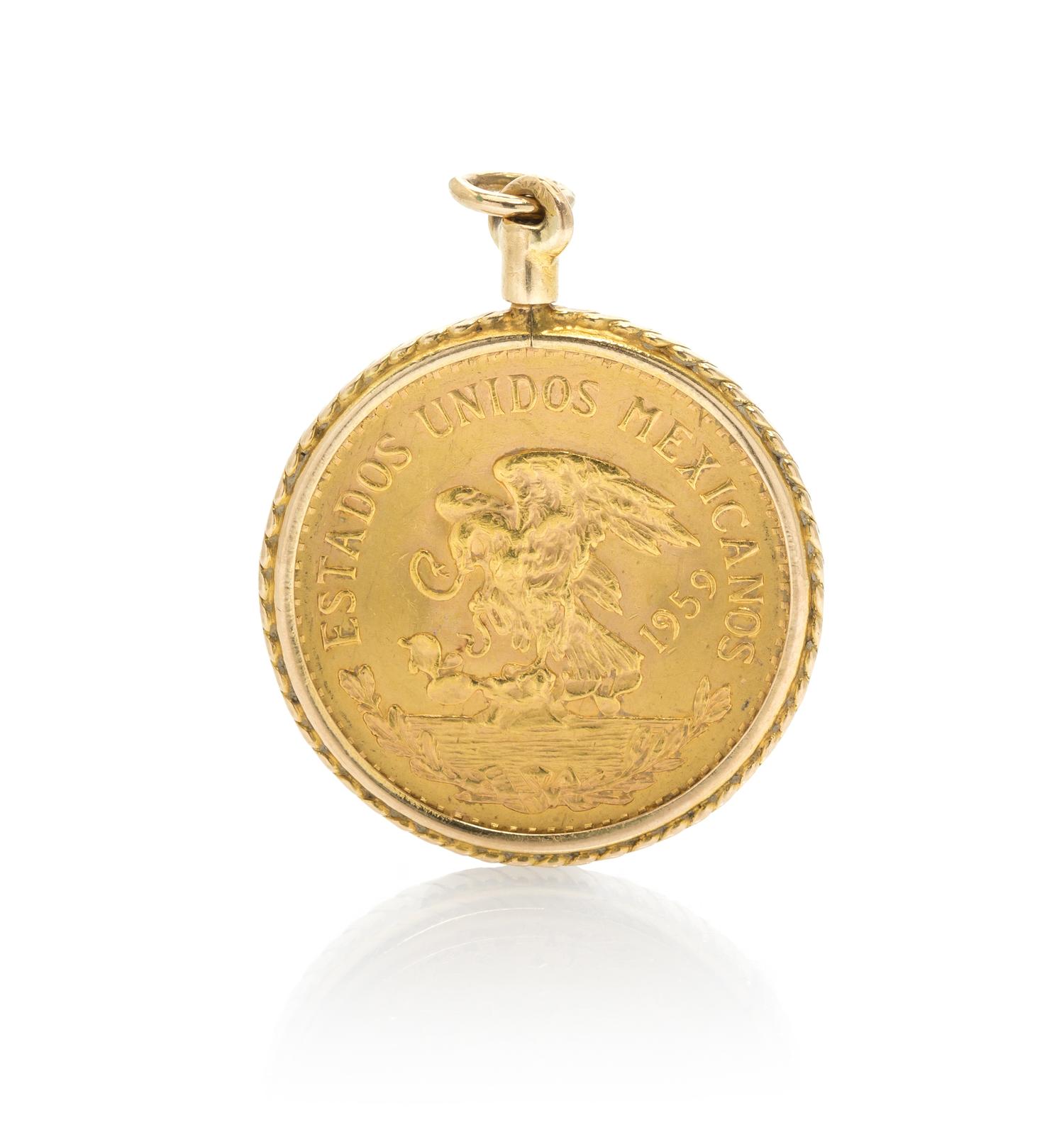 A Yellow Gold and Mexicaon 20 Peso Gold Coin Pendant, 12.40 dwts.