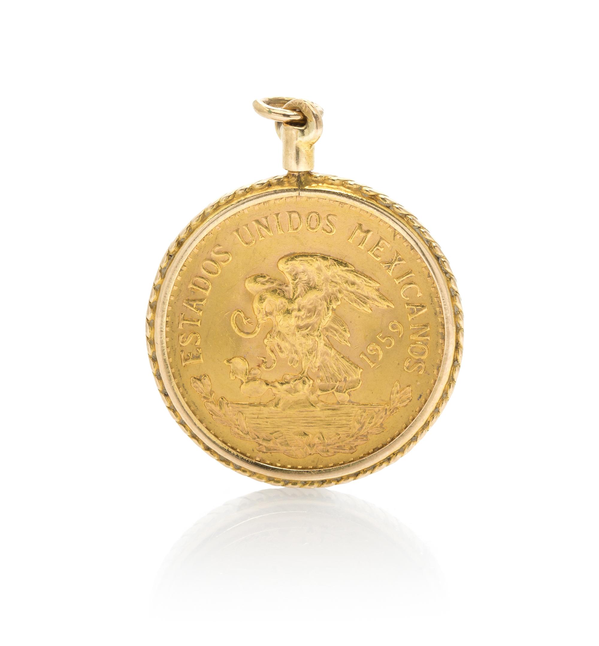 A Yellow Gold and Mexicaon 20 Peso Gold Coin Pendant, 12.40 dwts.