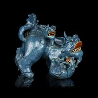 A Chinese Robin's Egg Glazed Porcelain Figural Group of Fu Lions