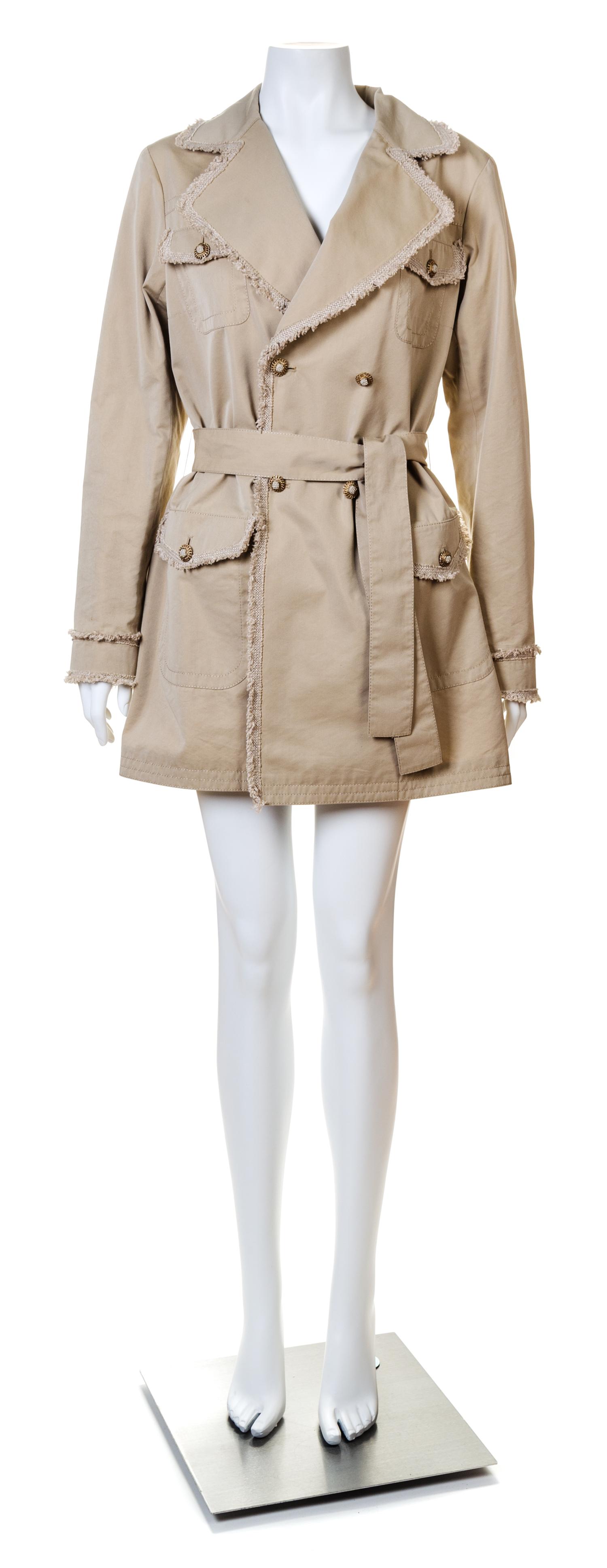 A Chanel Khaki Cotton Double Breasted Trench Coat, Size 42; Belt: 59.5" x 2".