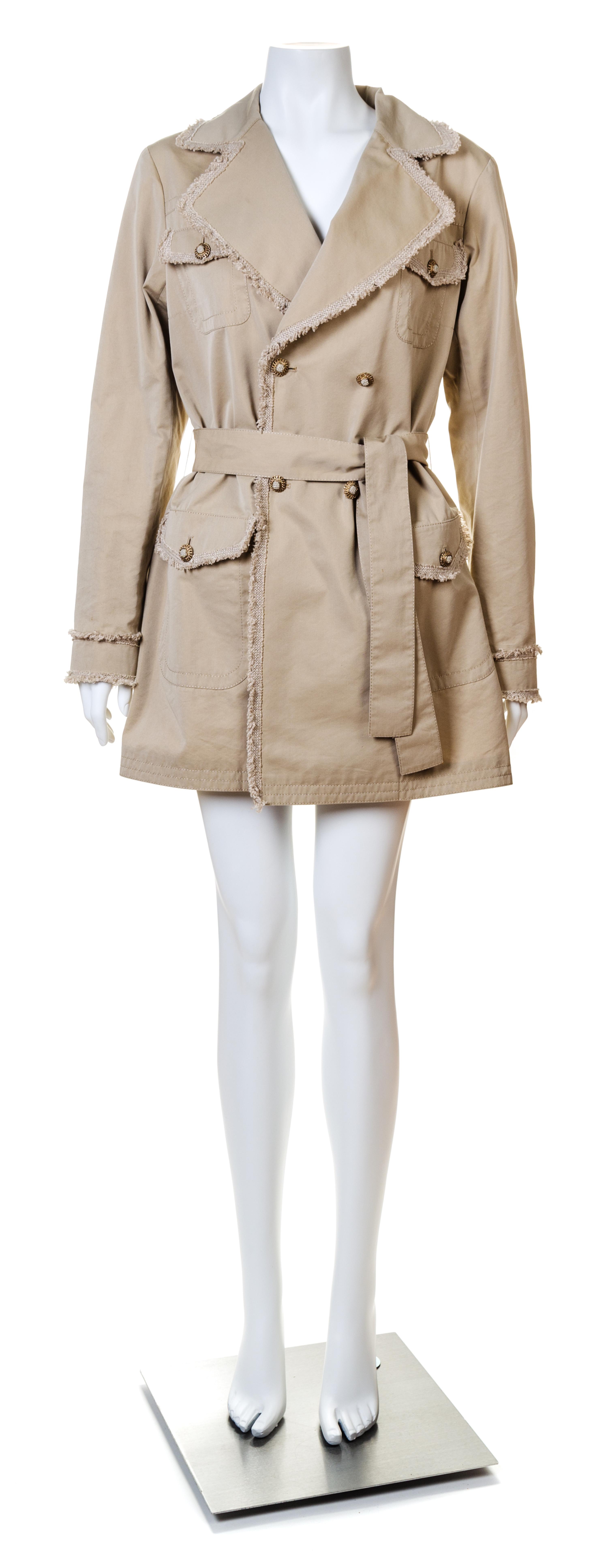 A Chanel Khaki Cotton Double Breasted Trench Coat, Size 42; Belt: 59.5" x 2".