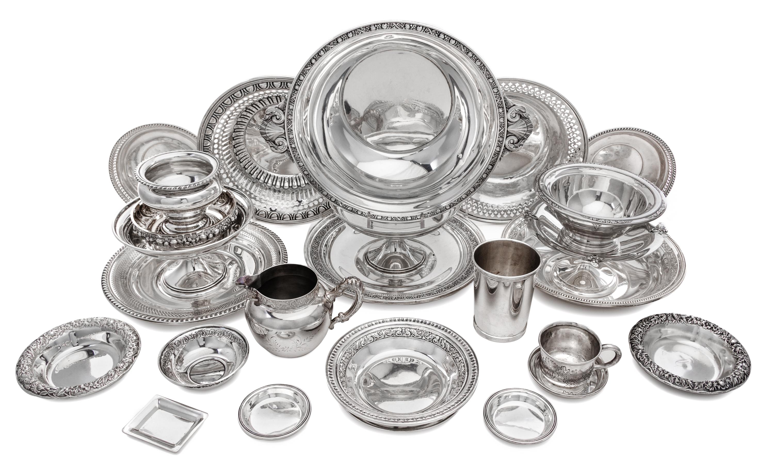 A Collection of American Silver Table Articles, Various Makers, comprising serving bowls, dishes, tazze and cups; 25 items total.