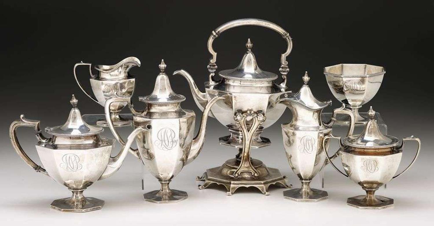 Seven piece sterling tea and coffee service retailer's mark for bailey banks and biddle, philadelphia, pa, circa 1930