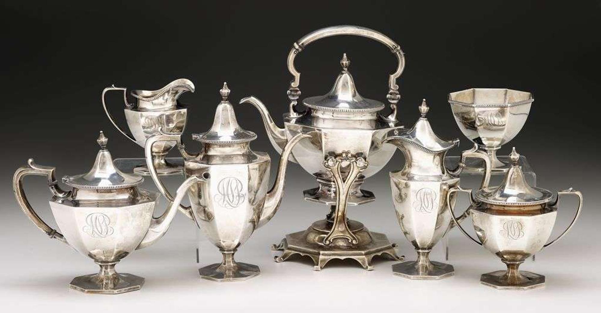 Seven piece sterling tea and coffee service retailer's mark for bailey banks and biddle, philadelphia, pa, circa 1930