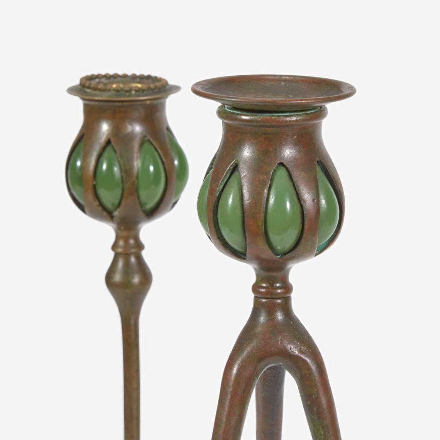 Tiffany Studios (American, active 1878-1932) Group of Three Bronze Candlesticks, New York, circa 1900-1905