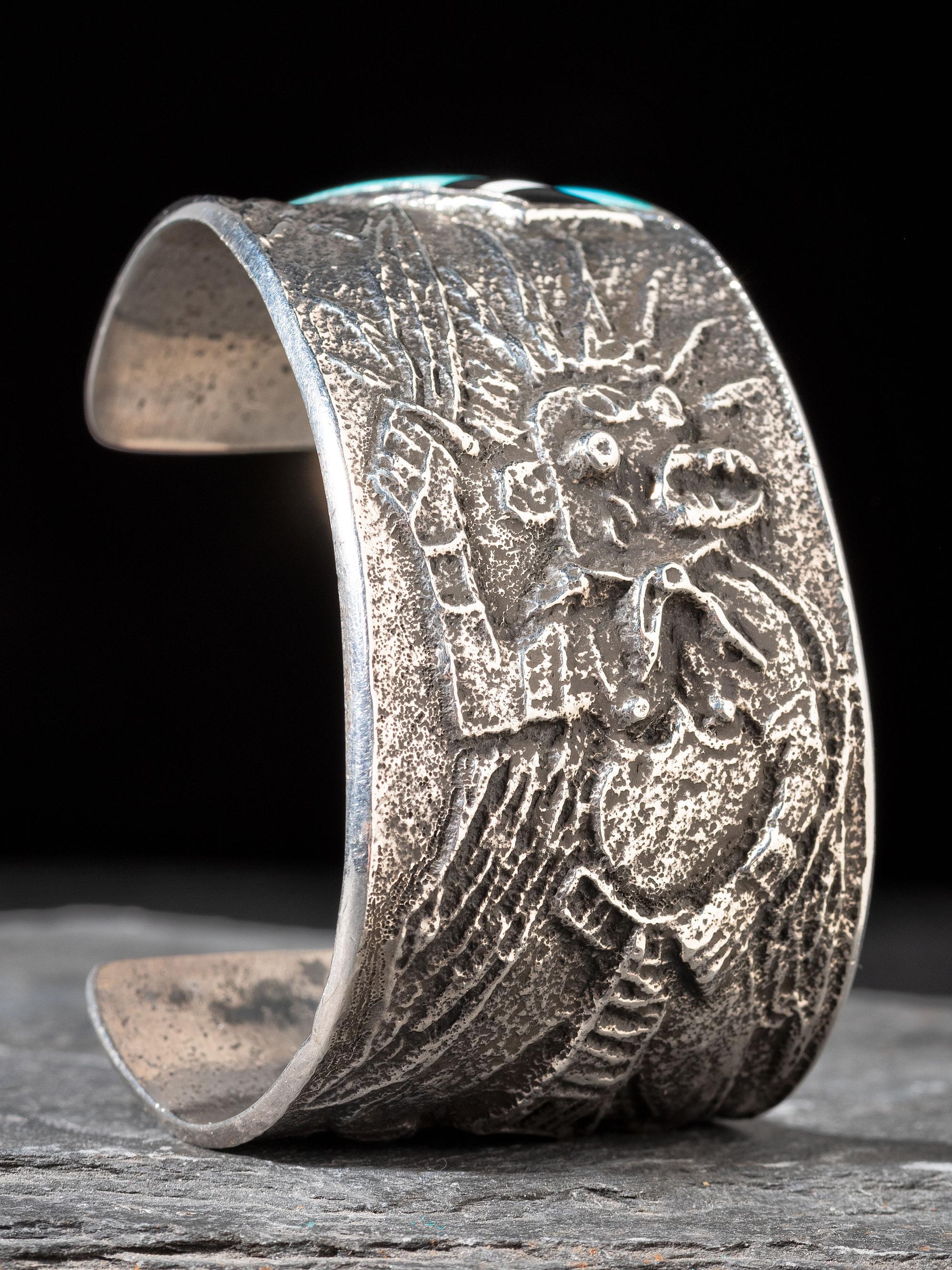 Tufa Cast Silver Ogre Katsina Cuff Bracelet, with Mosaic Inlay