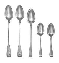 A Group of Five Georgian Silver Serving Spoons, Various Makers, comprising a George III serving spoon with an Old English handle, Thoma