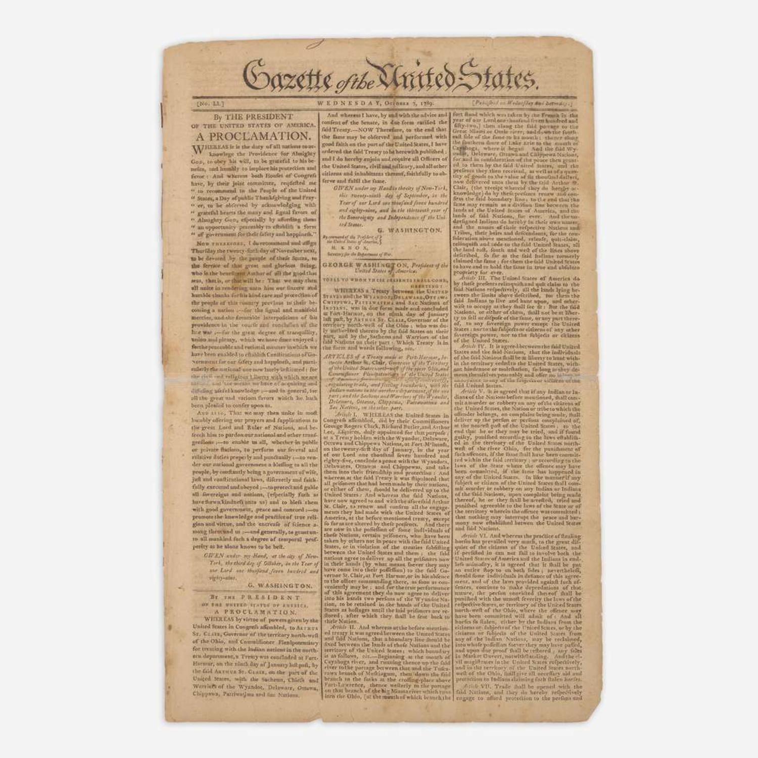 [Washington, George] [First Thanksgiving Proclamation] Gazette of the United States