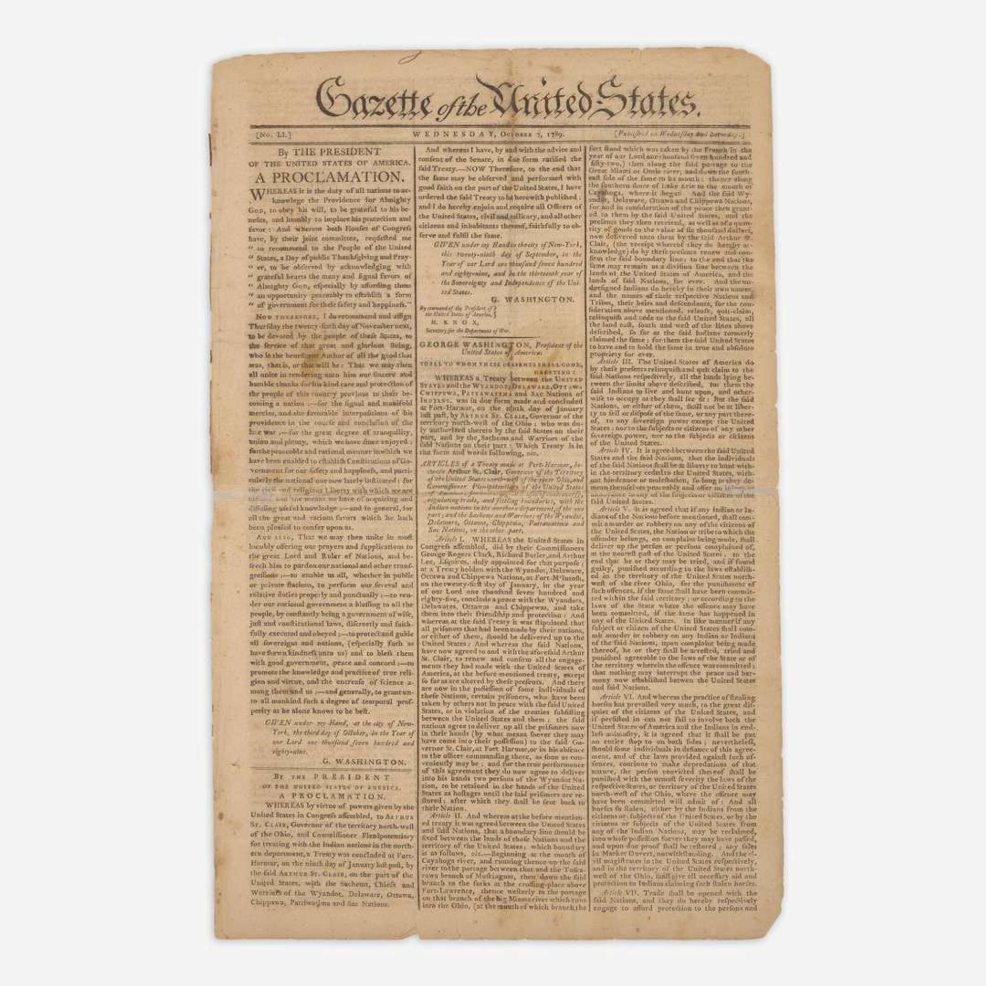 [Washington, George] [First Thanksgiving Proclamation] Gazette of the United States
