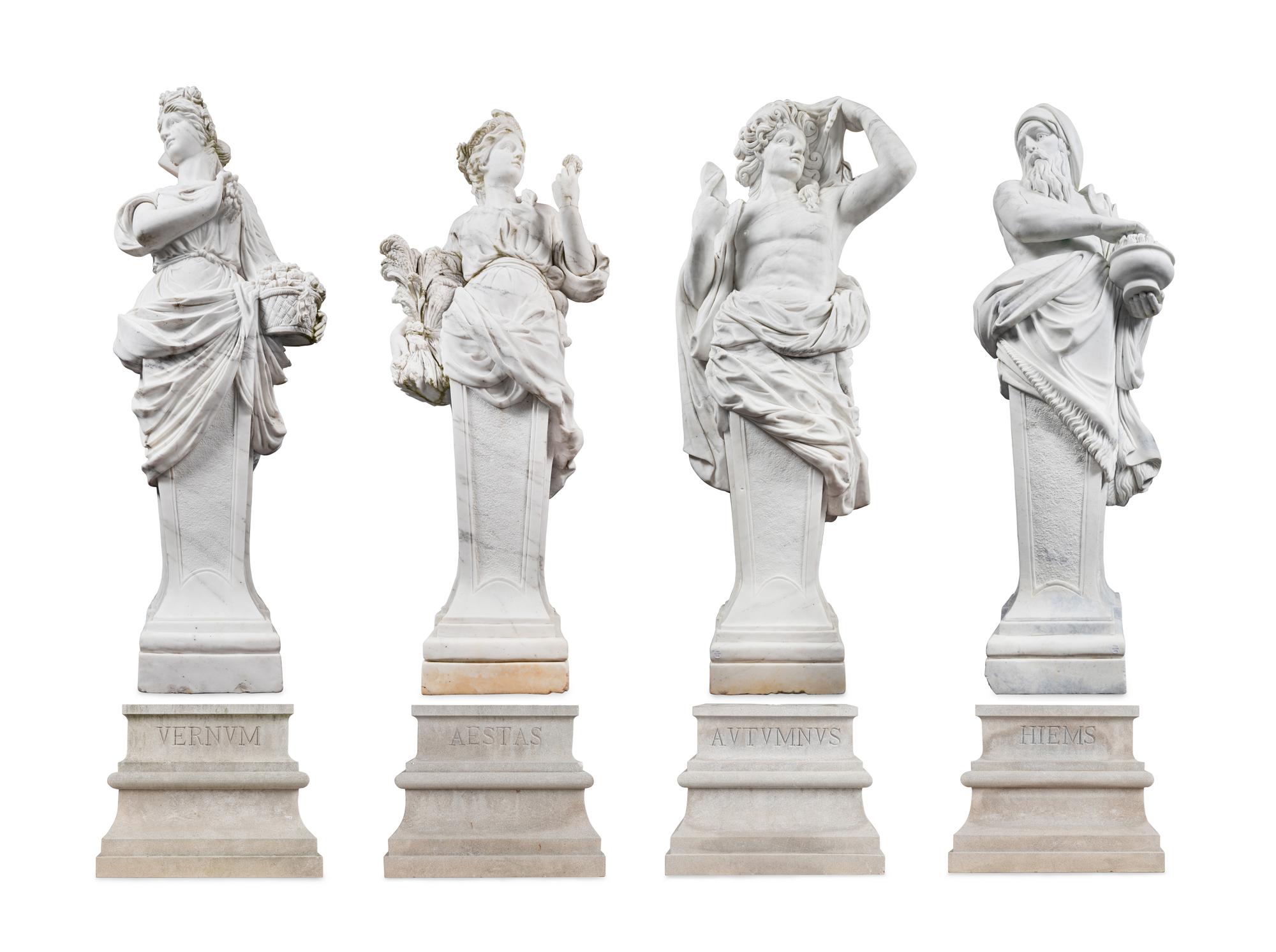 A Set of Four Monumental Carved Marble Garden Herms Allegorical of the Four Seasons