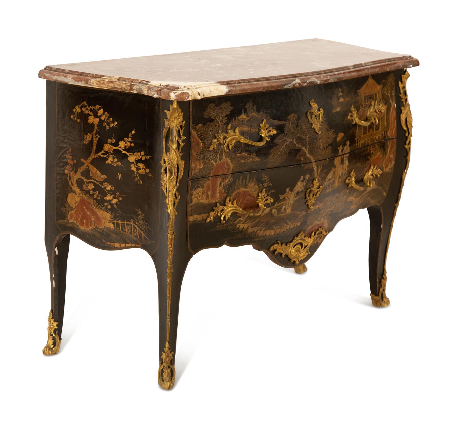 A Louis XV Gilt Bronze Mounted Lacquered Marble-Top Commode