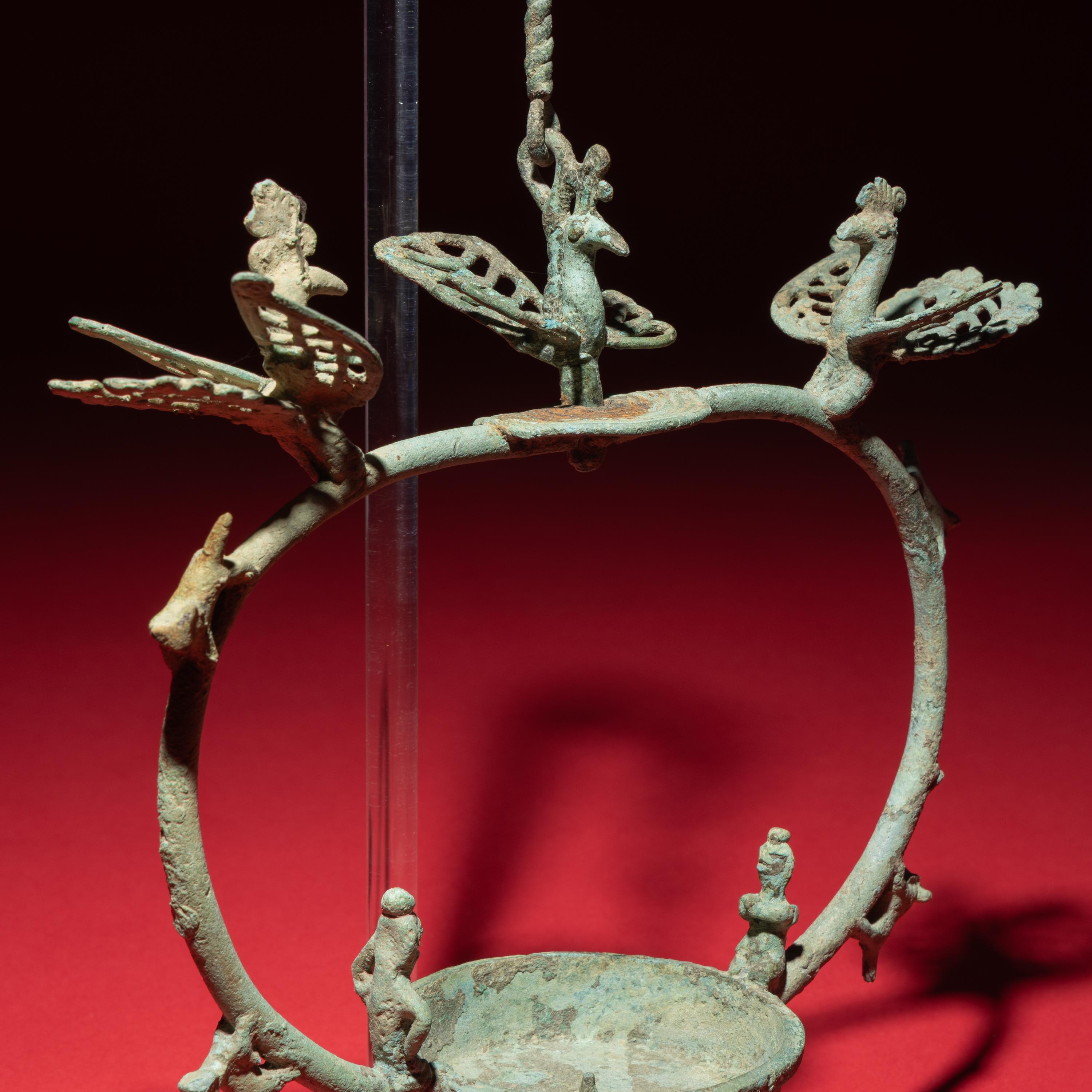 A Chinese Bronze 'Phoenix and Immortal' Hanging Oil Lamp, Eastern Han Dynasty — 東漢 青銅龍鳳神人懸燈