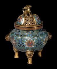 A Chinese Cloisonn é Enamel Covered Censer and A Cloisonn é Enamel Lion-Form Covered Box