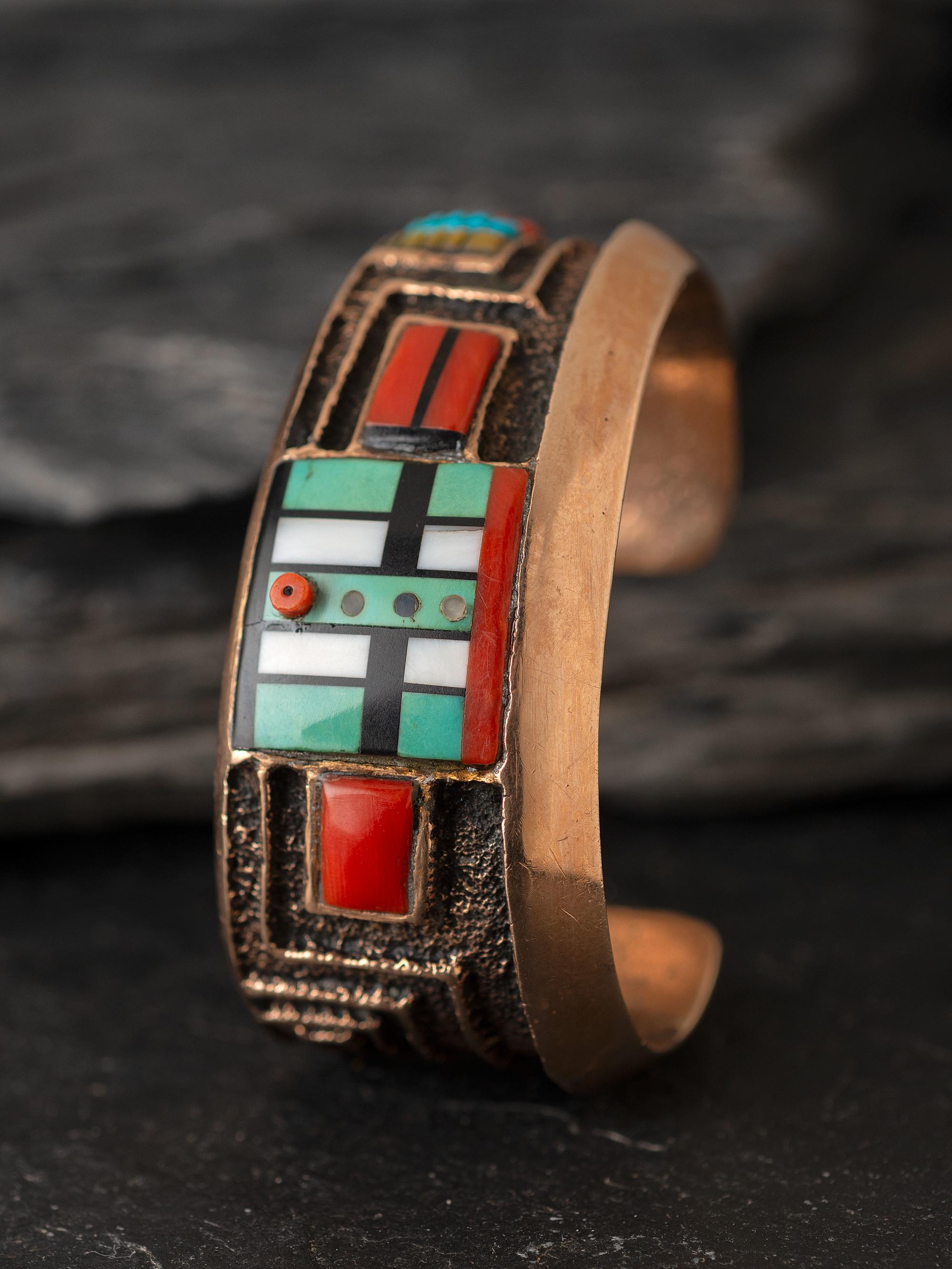 14K Gold Tufa Cast Cuff Bracelet, with Mosaic Inlay Katsina