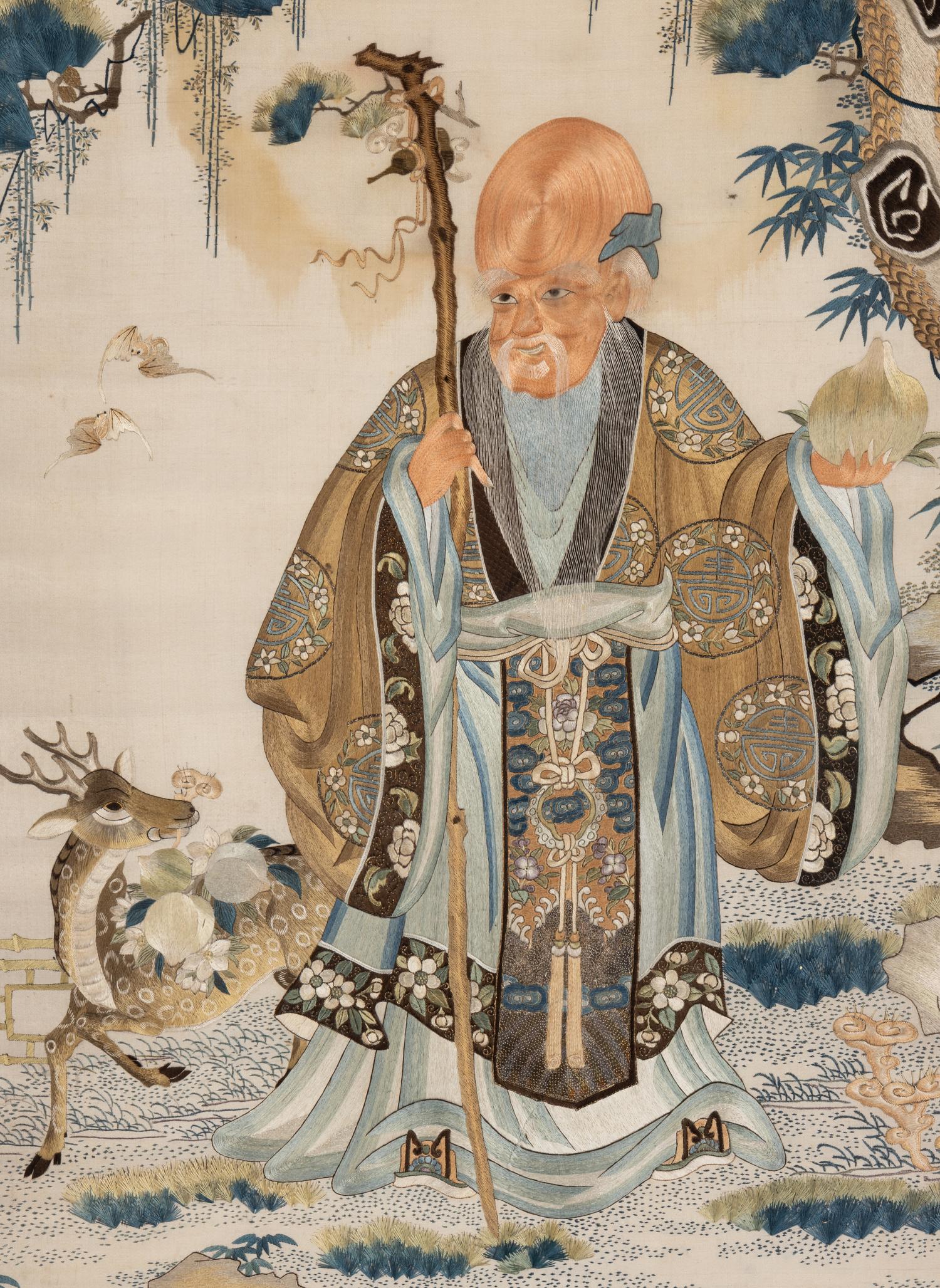 A Chinese Canton Style Embroidered 'Immortals' Five Paneled Screen, 19th Century 清晚期 粵綉祝壽圖五扇屏