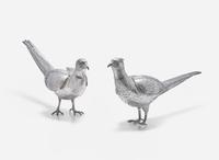 A pair of .800 silver pheasant-form decanters, Vereinigte Silberwarenfabrik, Hanau, Germany, early 20th century