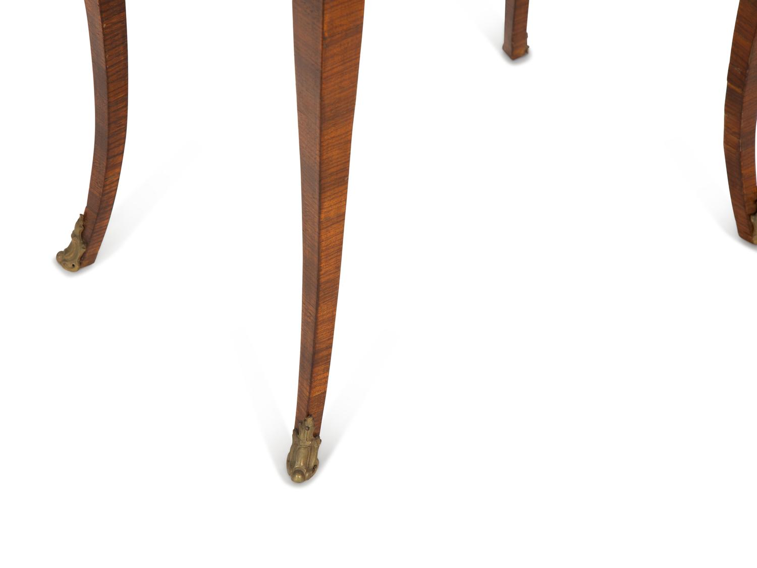 A Three Tier Walnut Serving Stand and a Louis XV Style Marble Top Parquetry Side Table