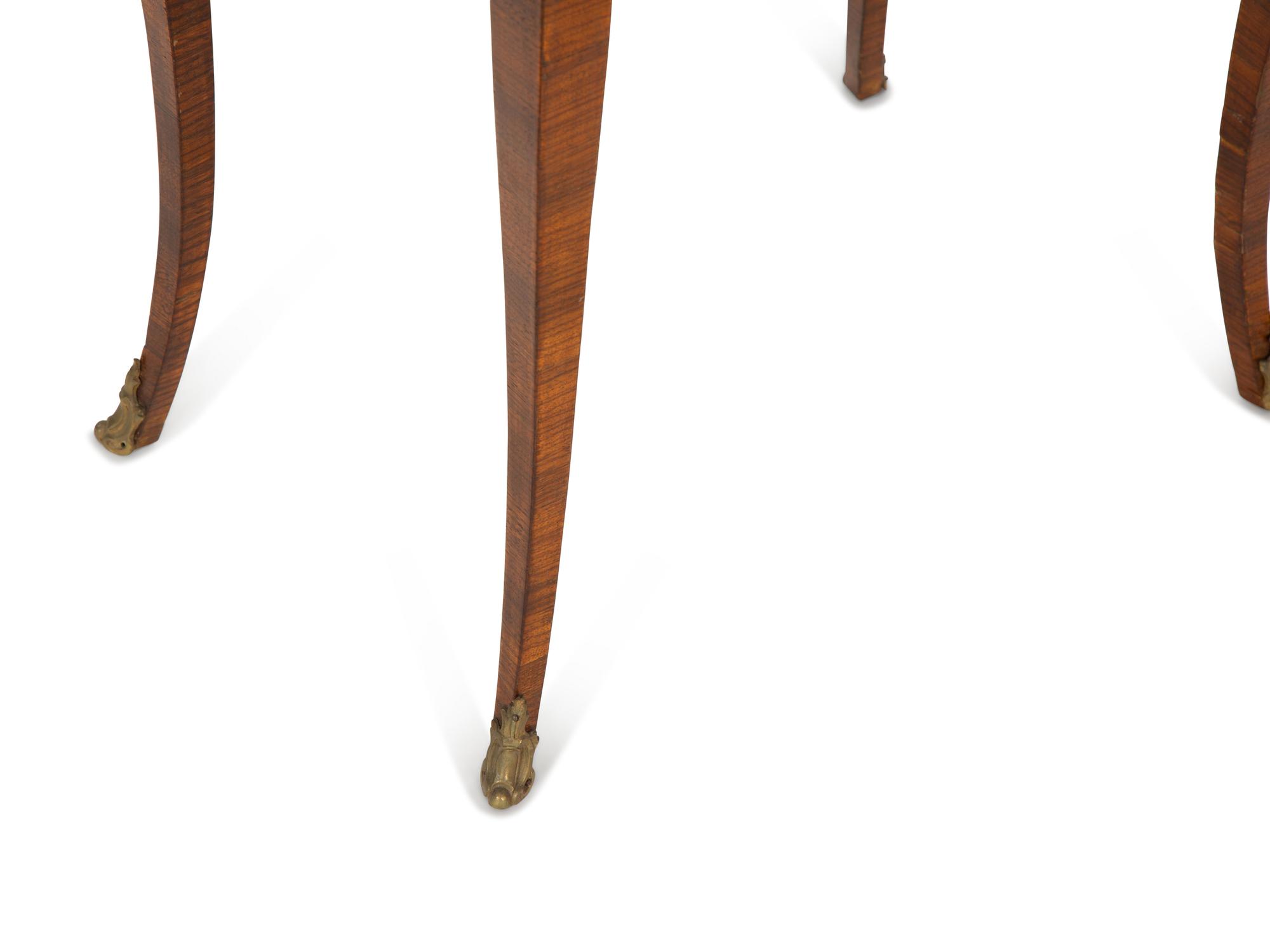 A Three Tier Walnut Serving Stand and a Louis XV Style Marble Top Parquetry Side Table