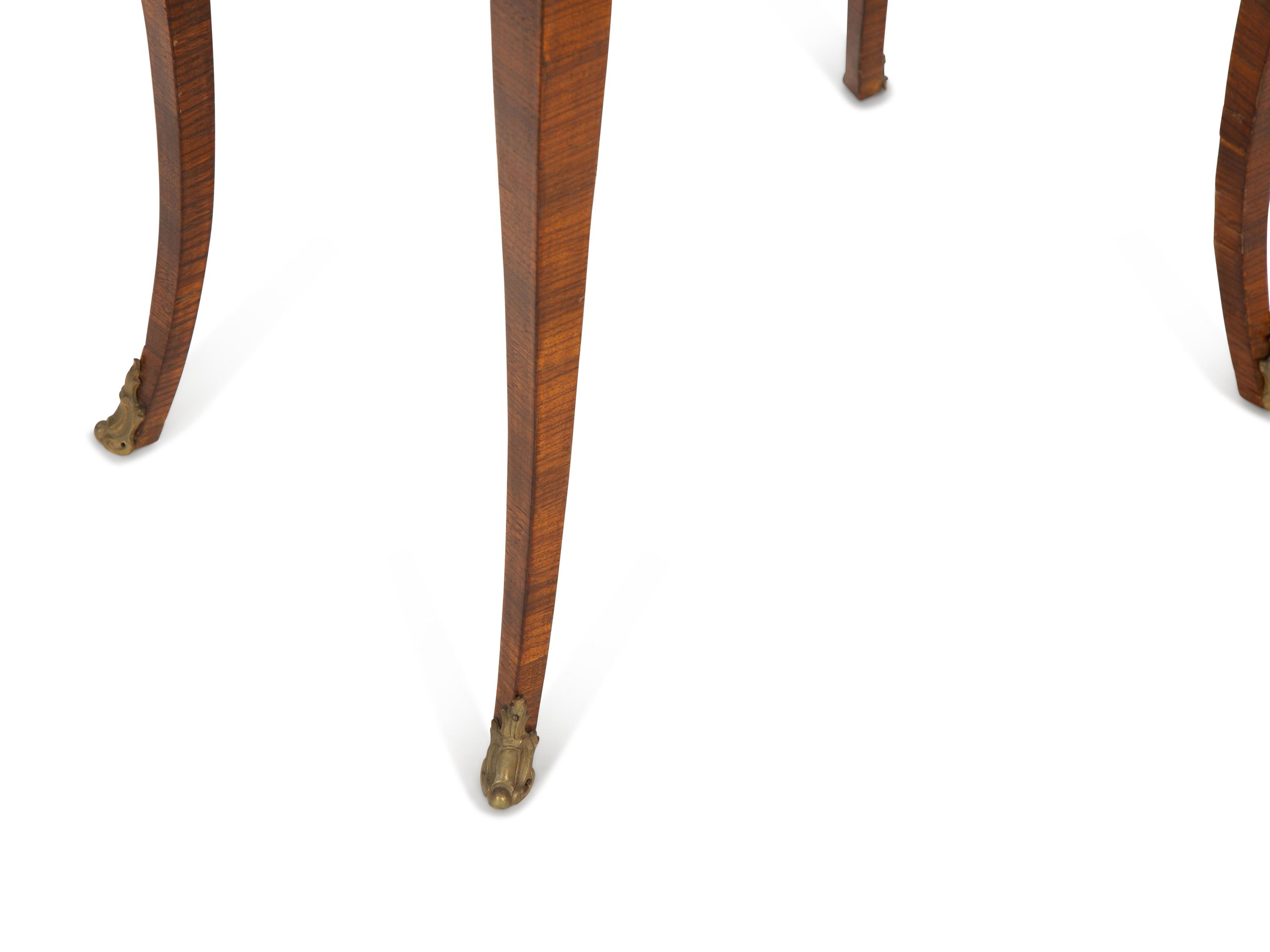 A Three Tier Walnut Serving Stand and a Louis XV Style Marble Top Parquetry Side Table