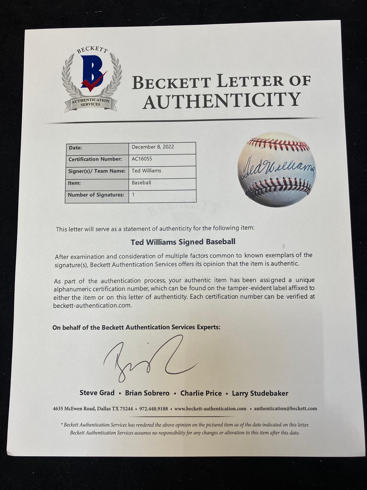 A Ted Williams Single Signed Autograph Baseball (Beckett Authentication Services Letter),