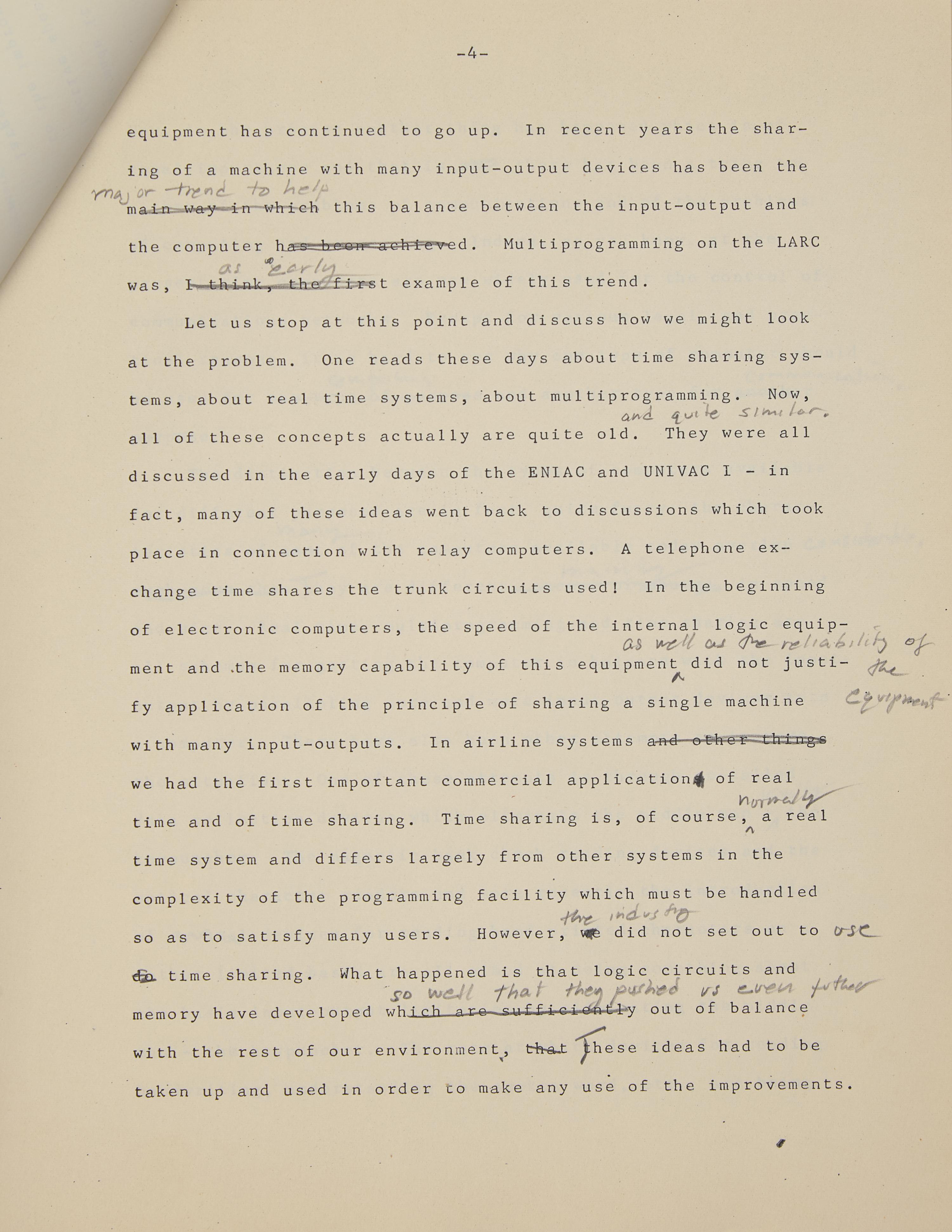 *[Technology] Designer of the First American Commercial Computer, J. Presper Eckert's Corrected Copy of a Speech on Computing