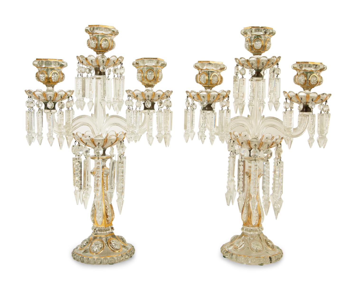 A Pair of Baccarat Enameled Molded Glass Candelabra