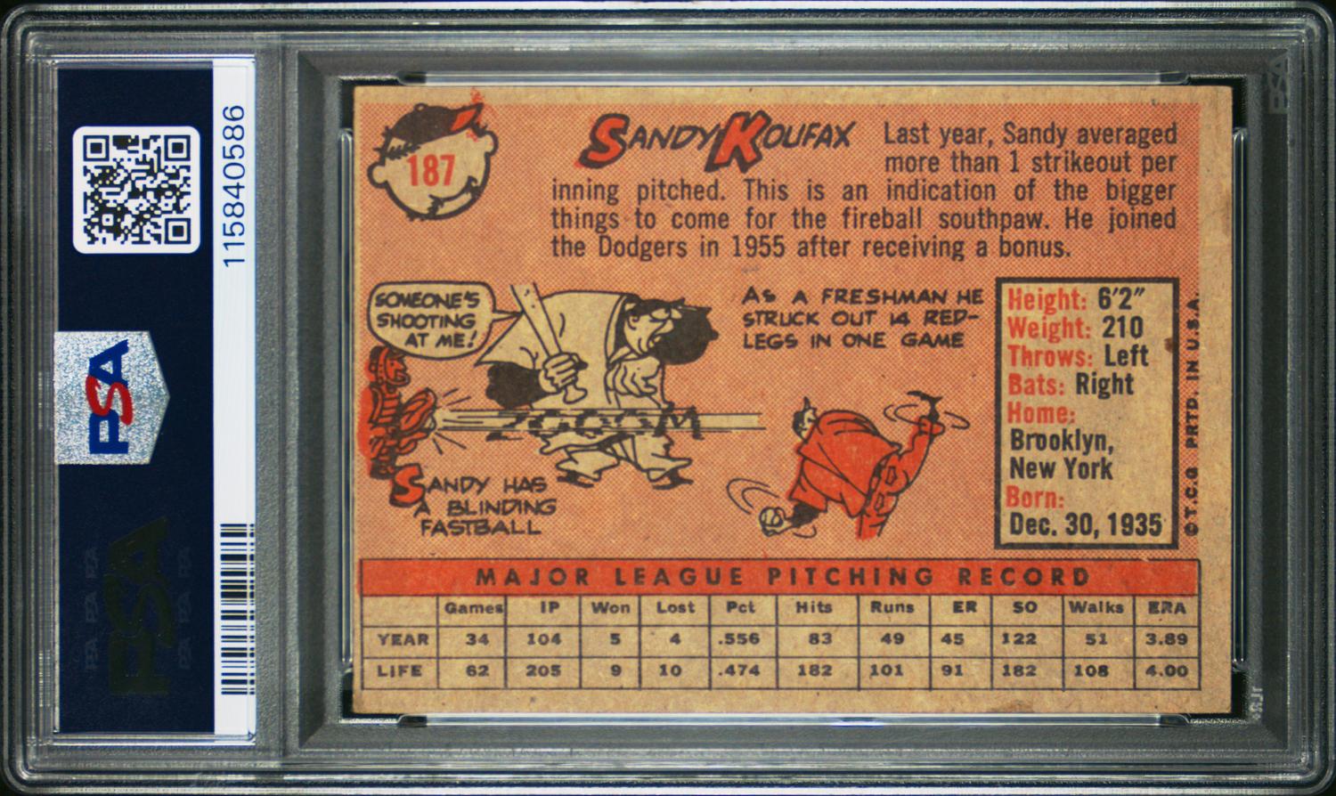 A 1958 Topps Sandy Koufax Baseball Card No. 187 (PSA 5 EX)