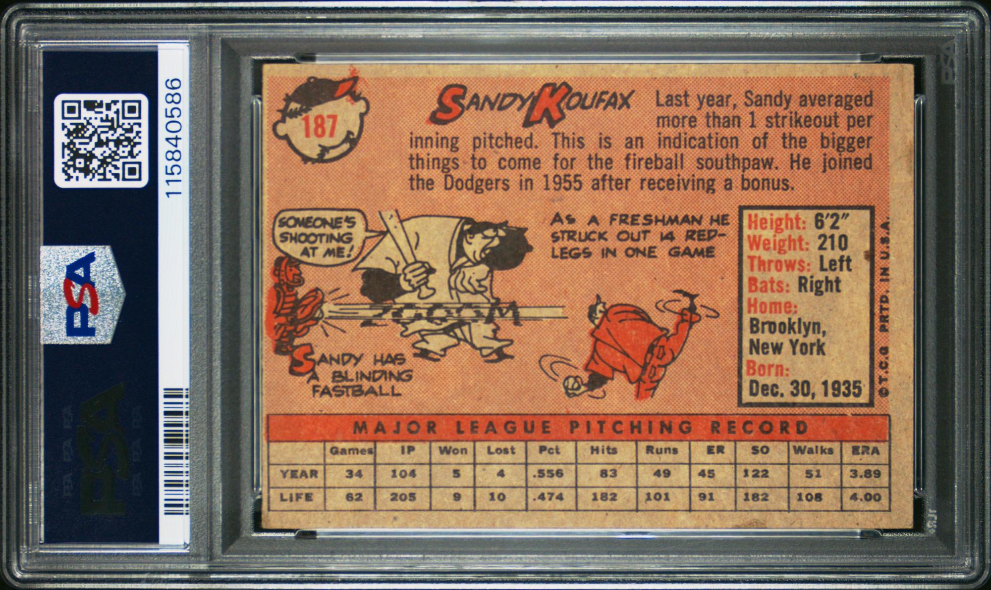 A 1958 Topps Sandy Koufax Baseball Card No. 187 (PSA 5 EX)