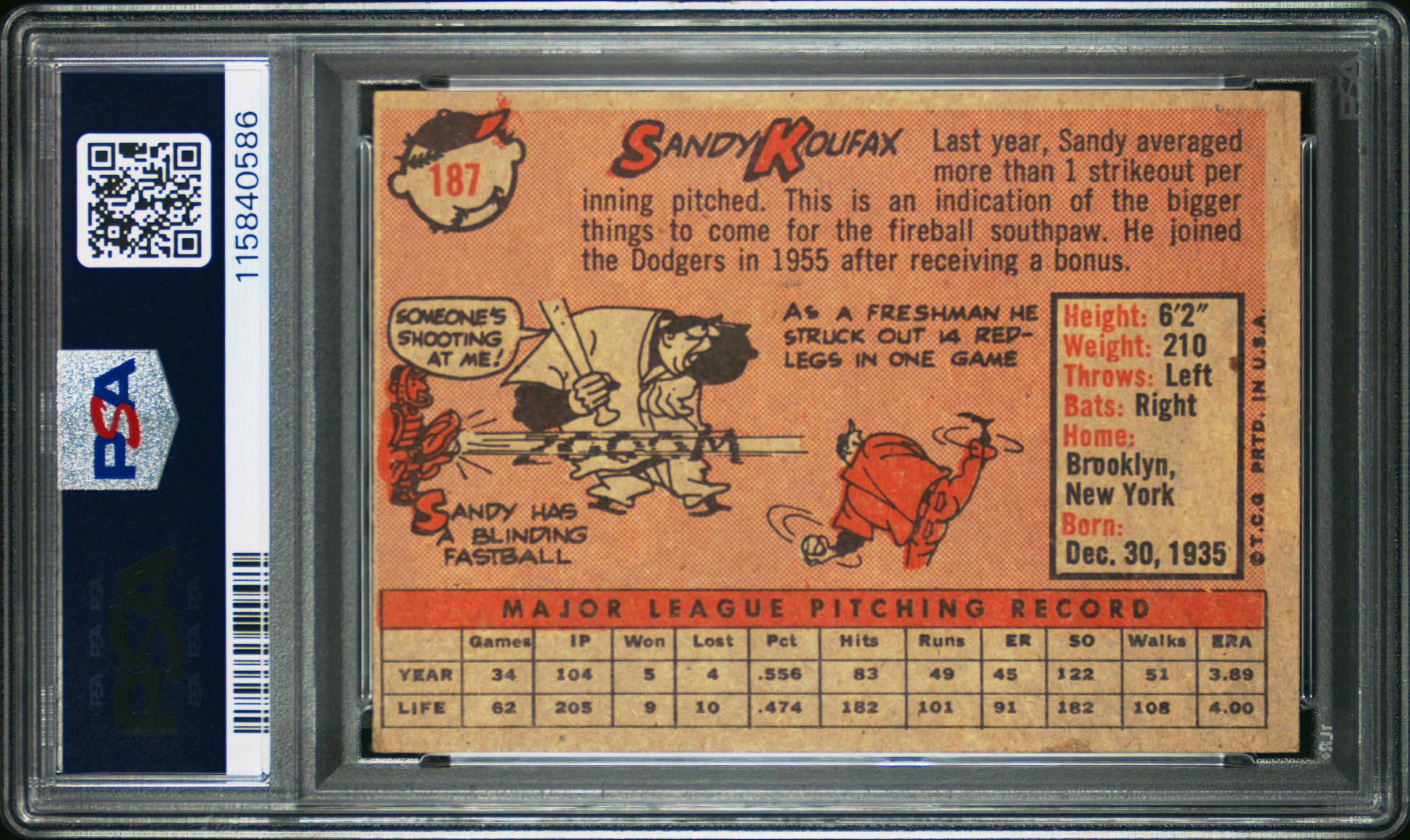 A 1958 Topps Sandy Koufax Baseball Card No. 187 (PSA 5 EX)