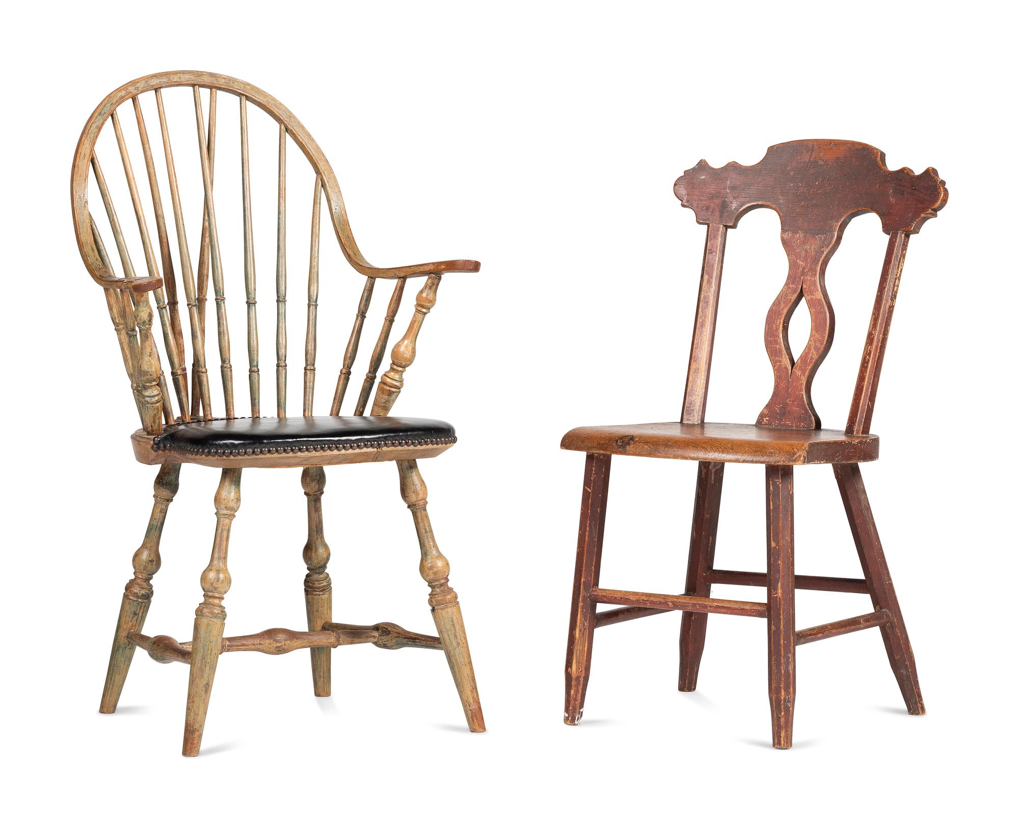 A Carved and Yellow-Painted Wood Leather Upholstered Brace Back Continuous Windsor Armchair