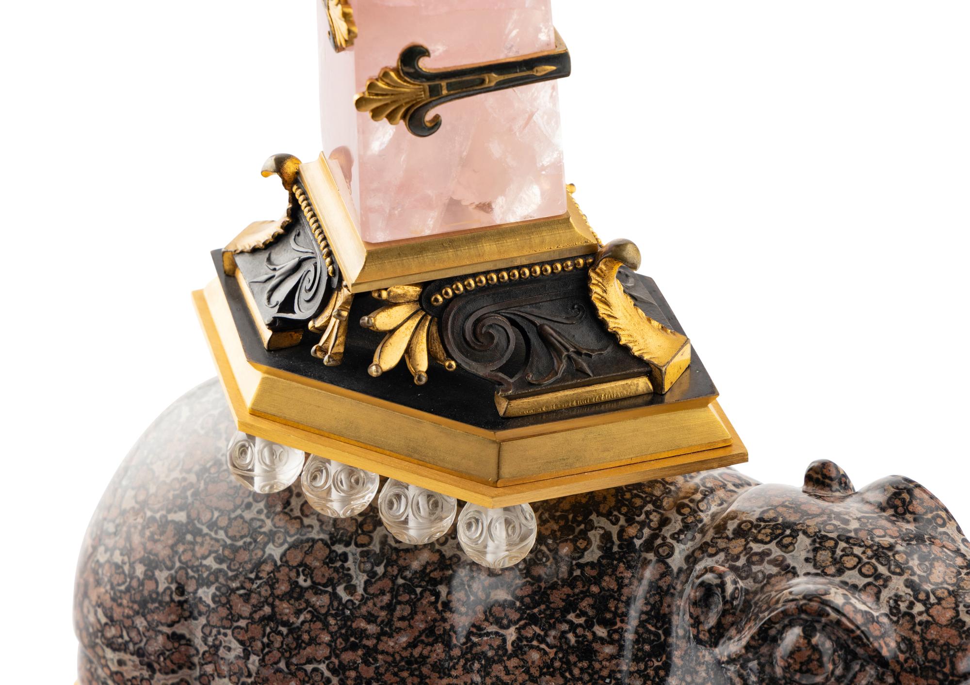 An Ormolu, Pink Quartz, Glass, Hardstone and Black Marble Hippopotamus Obelisk