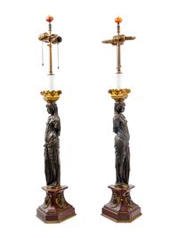 A Pair of French Neoclassical Gilt and Patinated Bronze Figural Lamps After Jean Goujon