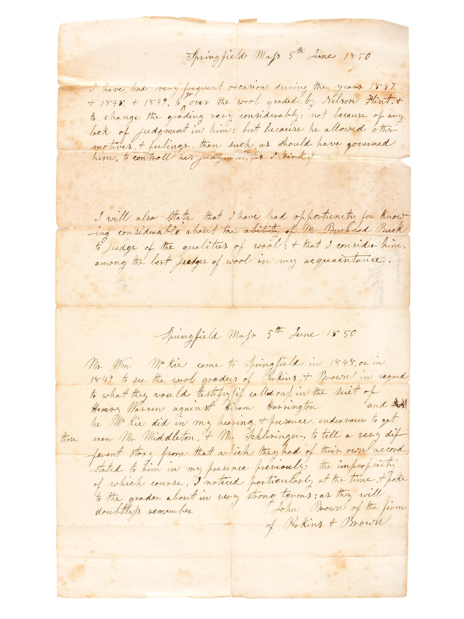BROWN, John (1800-1859). Autograph document signed ("John Brown of the firm of Perkins & Brown"), for Judge C. McIntosh. Springfield, MA, 5 June 1850.