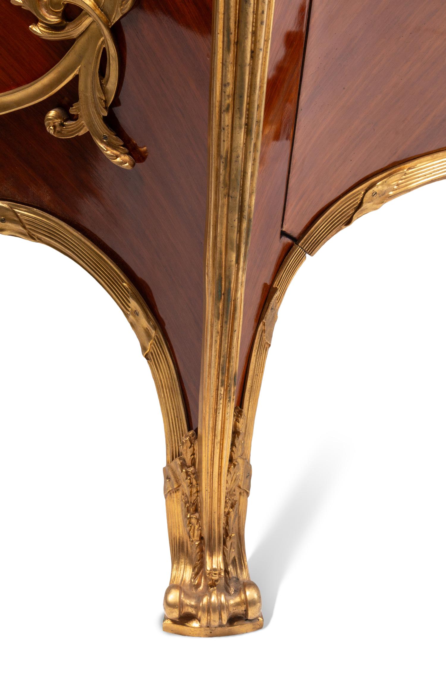 A Pair of Louis XV Style Gilt Bronze Mounted Kingwood and Floral Marquetry Marble-Top Commodes
