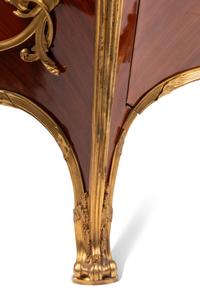 A Pair of Louis XV Style Gilt Bronze Mounted Kingwood and Floral Marquetry Marble-Top Commodes