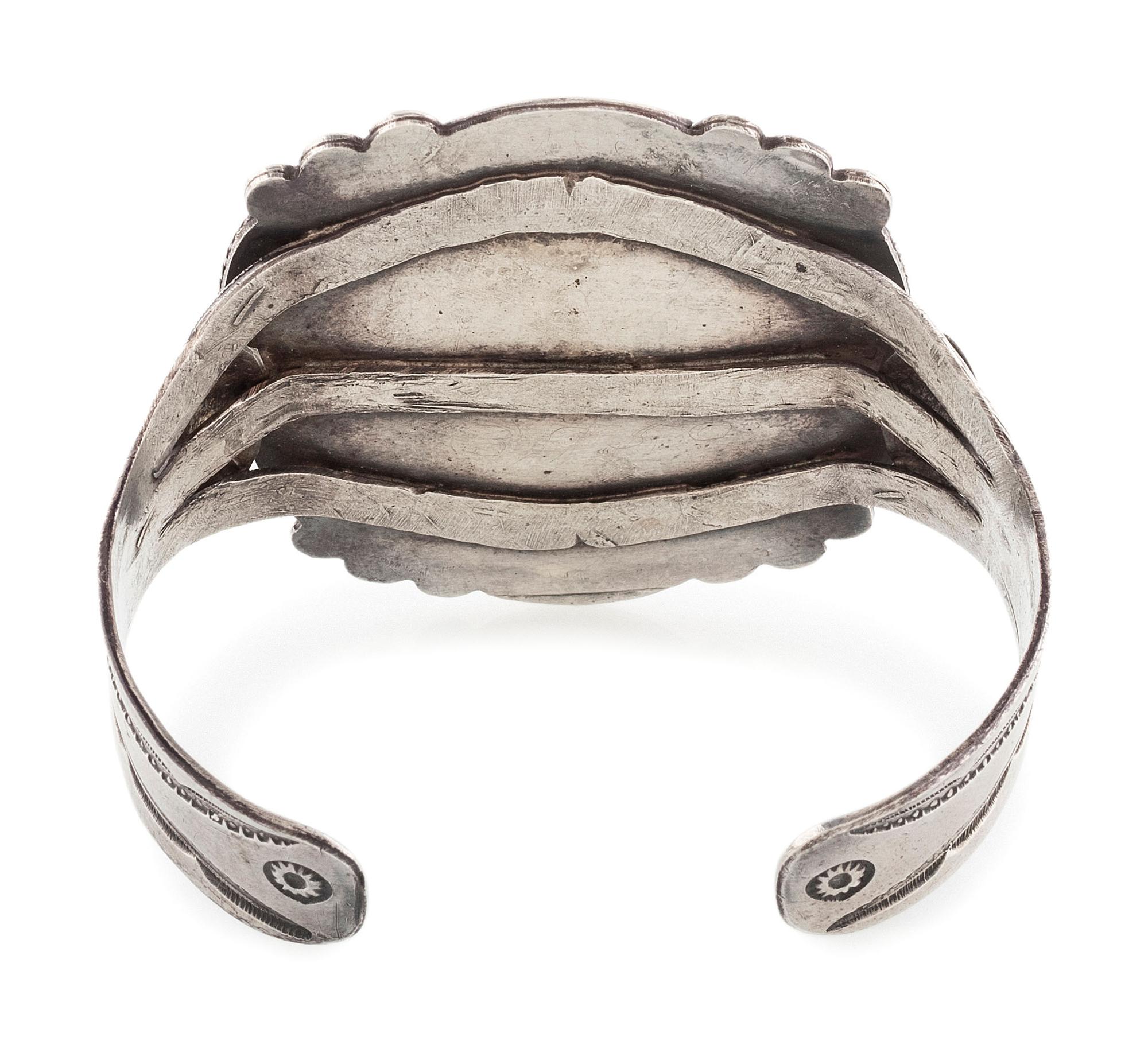 Fred Harvey Era Navajo Stamped Silver Cuff Bracelet, with Petrified Wood Cabochon