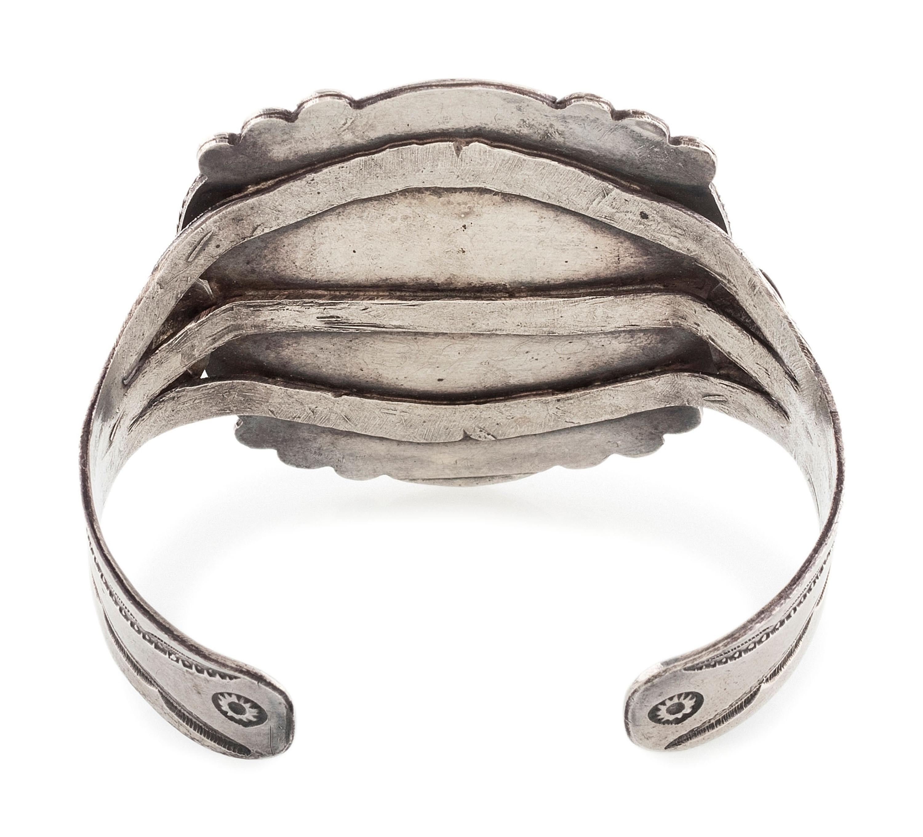 Fred Harvey Era Navajo Stamped Silver Cuff Bracelet, with Petrified Wood Cabochon