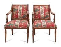 A Pair of Louis XVI Style Fauteuils with Striped Upholstery